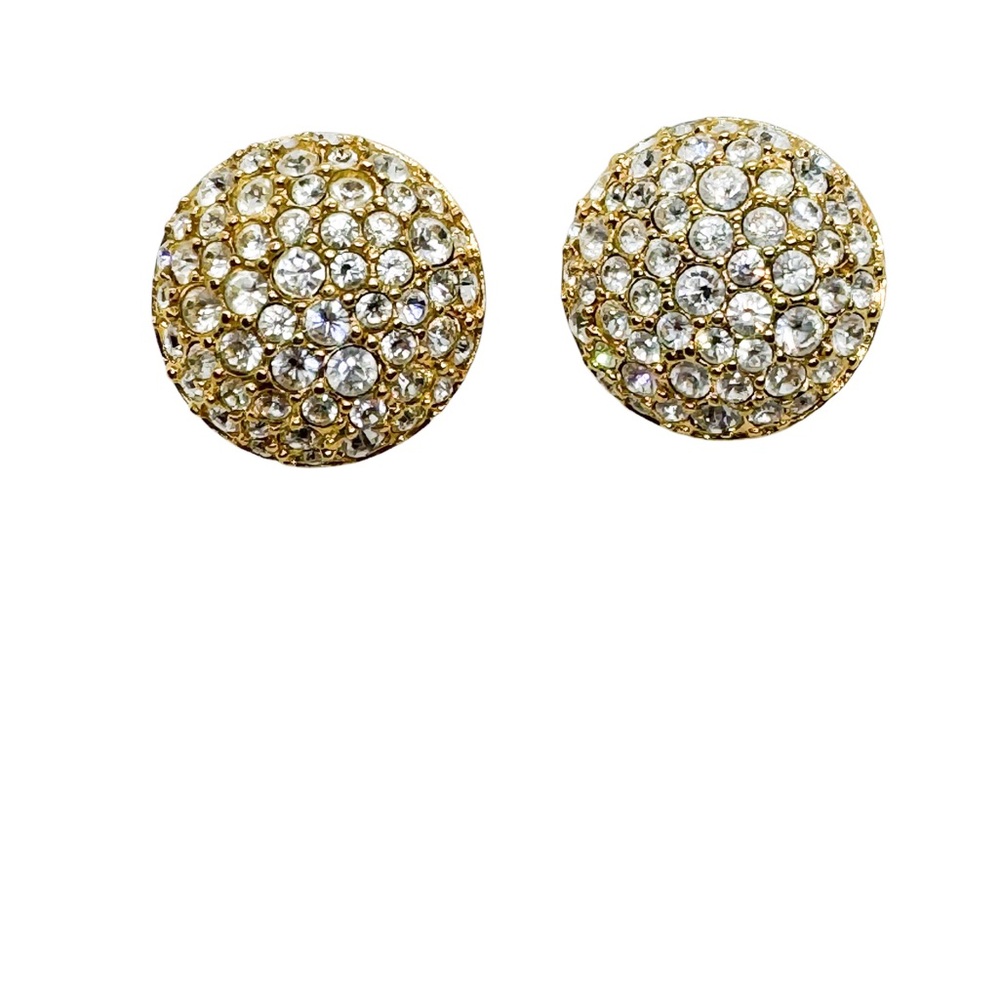 Vintage Swarovski Dome Earrings Gold Tone Pave Crystal Signed Glam Clip On 80's